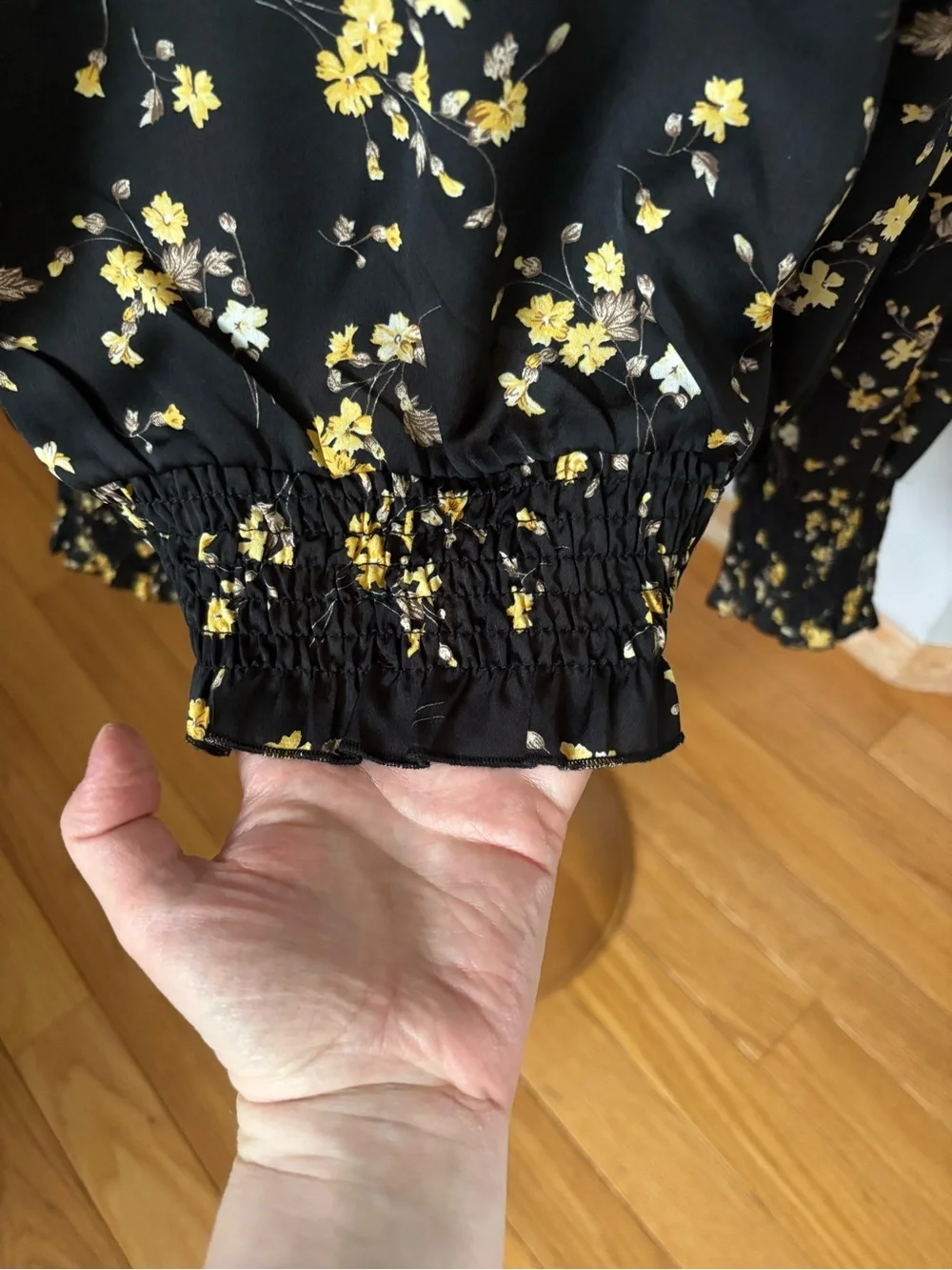 Melloday Black Yellow Floral Ruffle Blouse XL Smocked Waist Long Sleeve Top